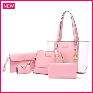 5-Piece Synthetic Leather Tote Set with Wallet & Clutch - Large Capacity